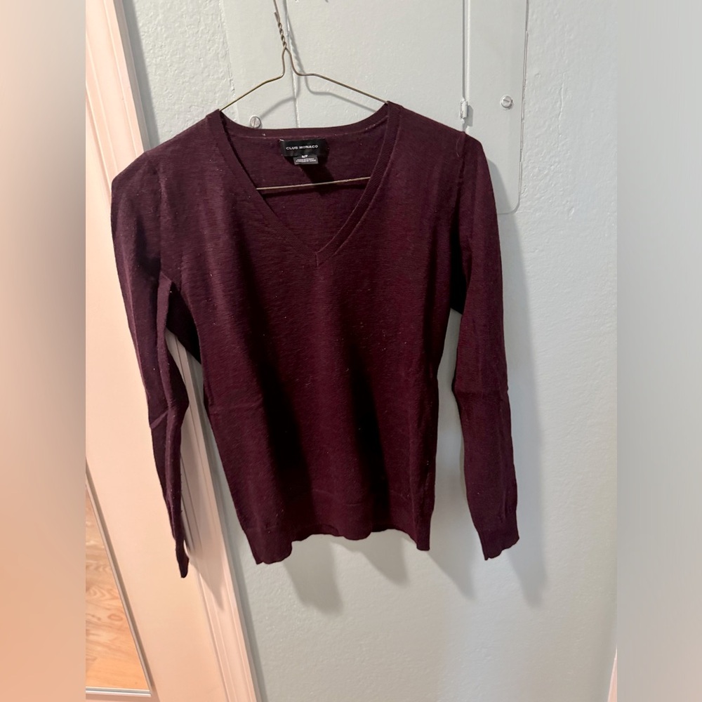 Club Monaco Burgandy 100% Merino Wool V-Neck Sweater